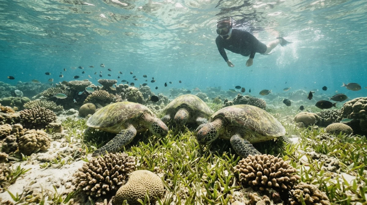 Three green turtles grazing below a snorkeler at the Daymaniyat Islands, the reason a Daymaniyat trip is worth it